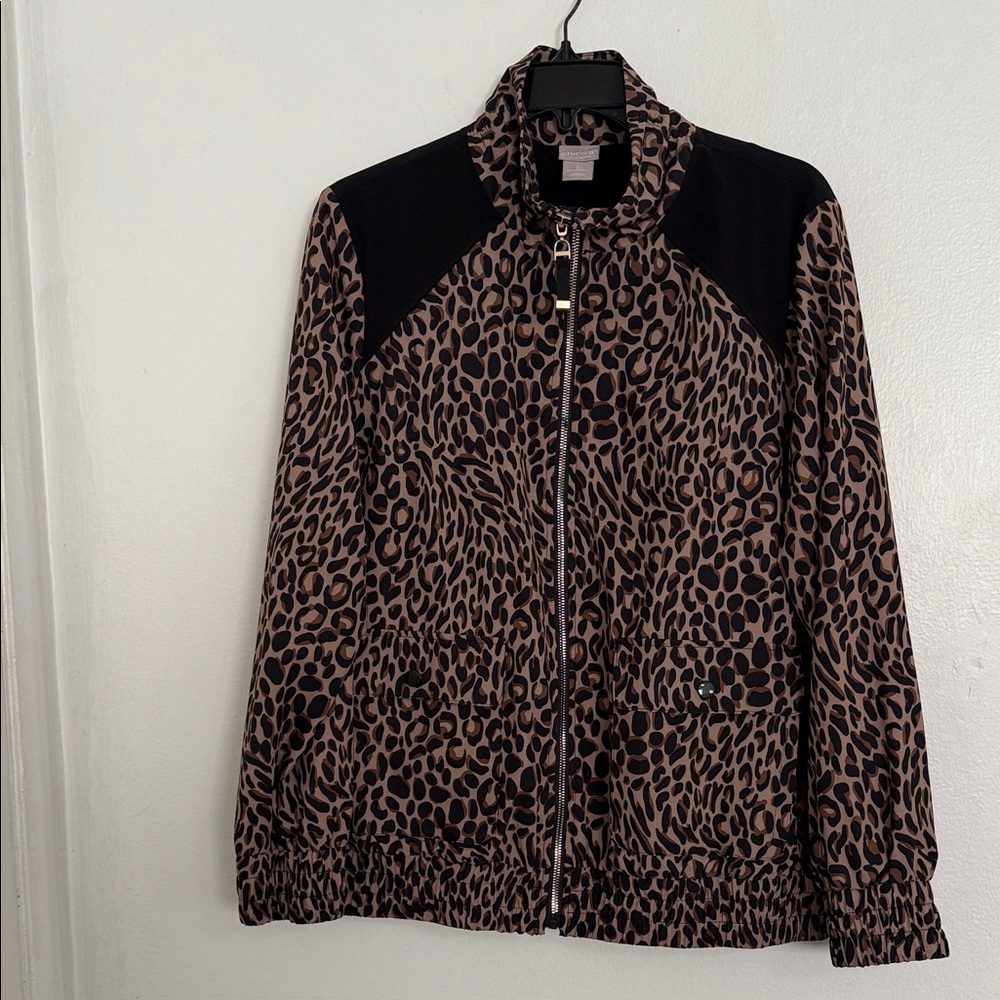Chico's Animal Print Bomber Jacket with Black Accents